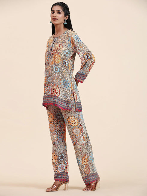Shivani Girdhar in Samma Chikankari Co-ord Set in Polysilk for Women- Orange multicolour Print